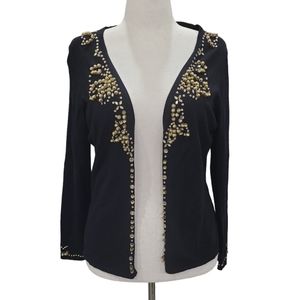 EUC BCBGMAXAZRIA women's black rhinestone stone beaded sweater cardigan XL